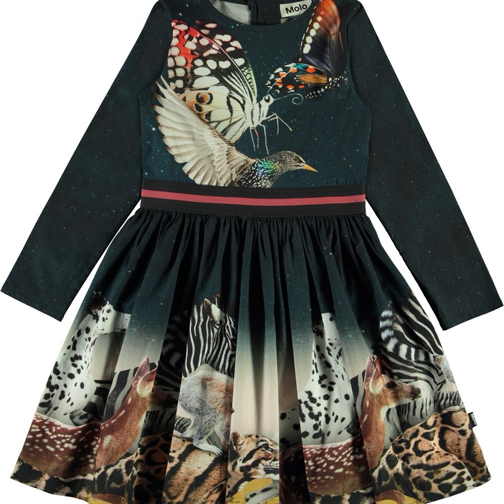 Molo Kids Dress with Animal and Butterfly Print - Black and Multicolor